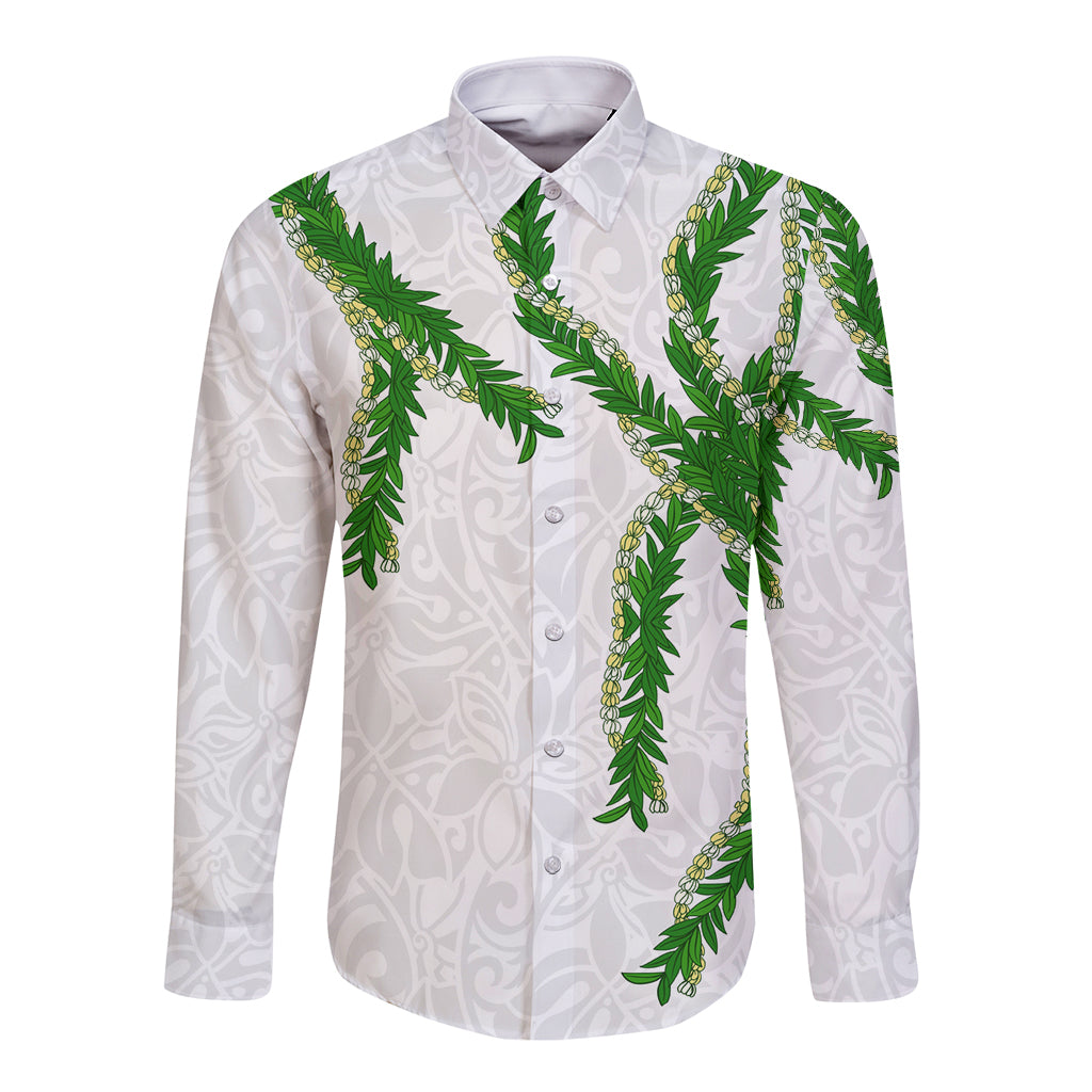 Hawaii Maile Lei Long Sleeve Button Shirt Aloha White Color
