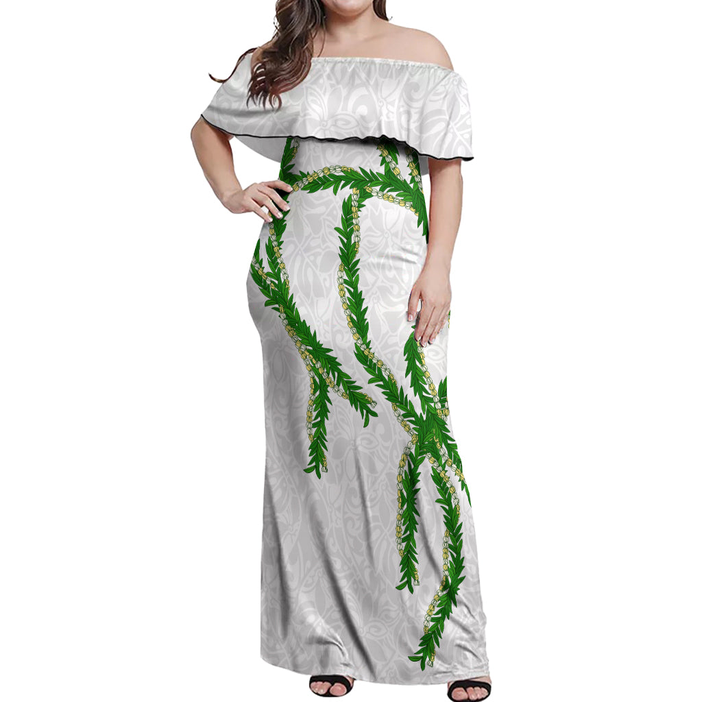 Hawaii Maile Lei Off Shoulder Maxi Dress Aloha White Color LT03 Women White - Polynesian Pride