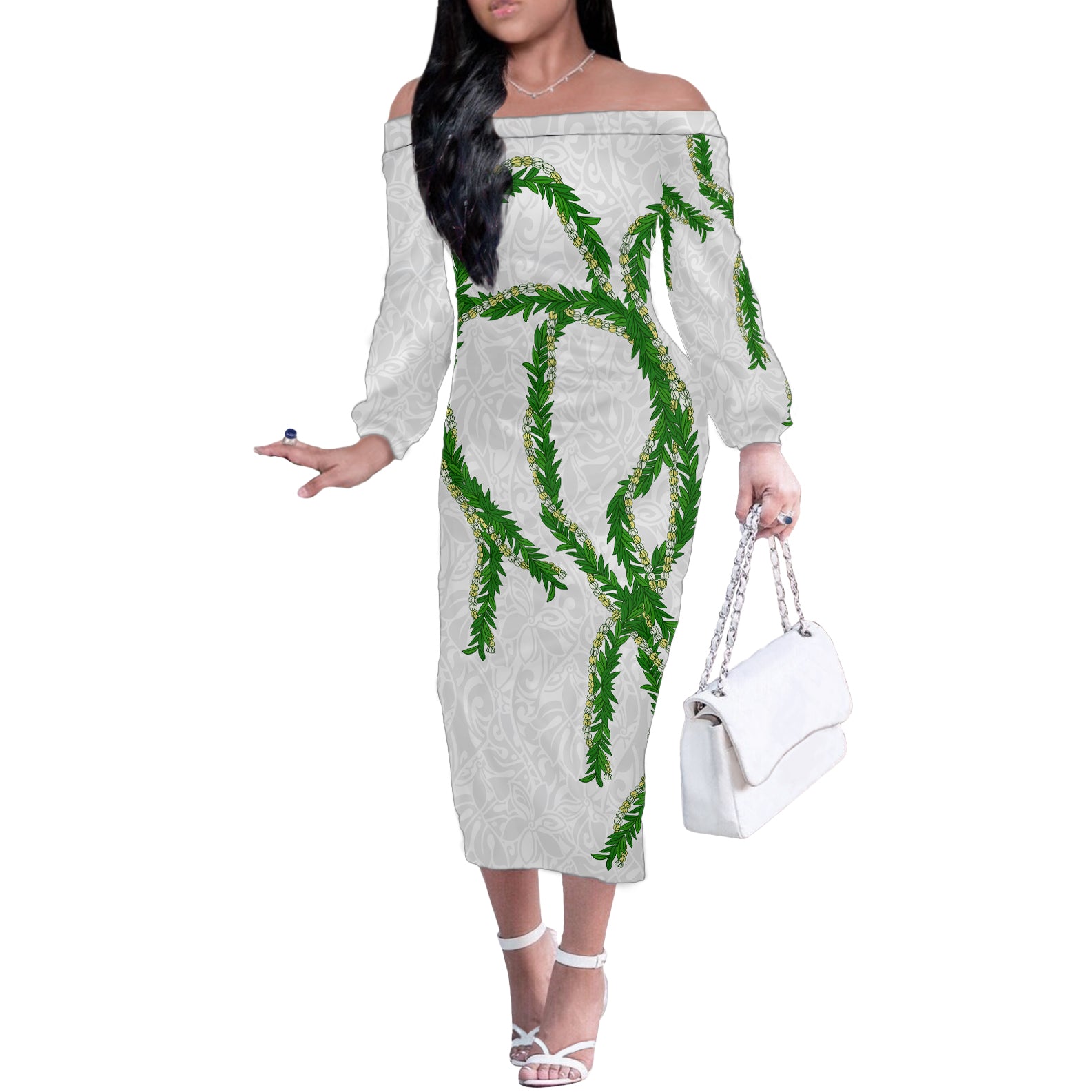 Hawaii Maile Lei Off The Shoulder Long Sleeve Dress Aloha White Color