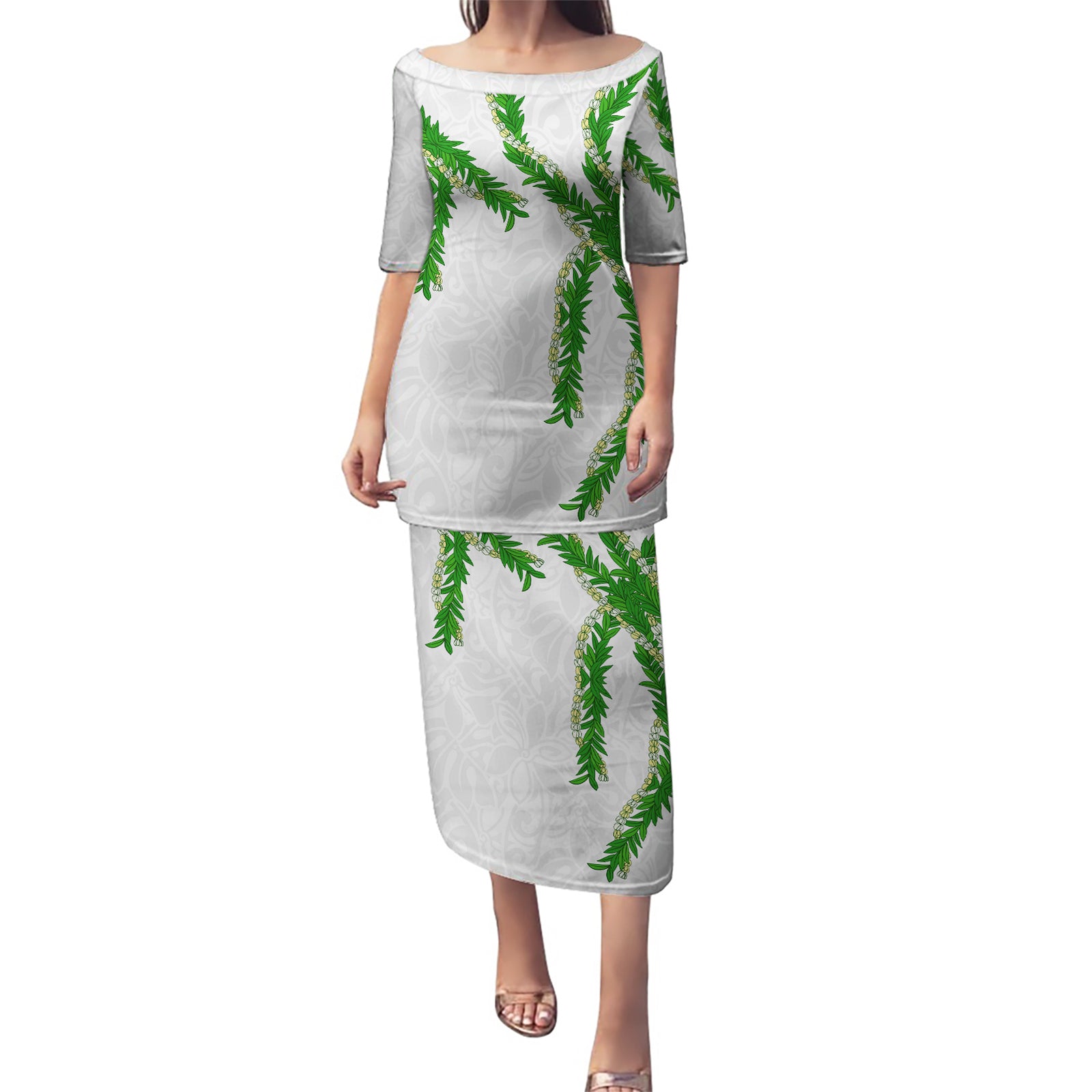 Hawaii Maile Lei Puletasi Aloha White Color LT03 Long Dress White - Polynesian Pride