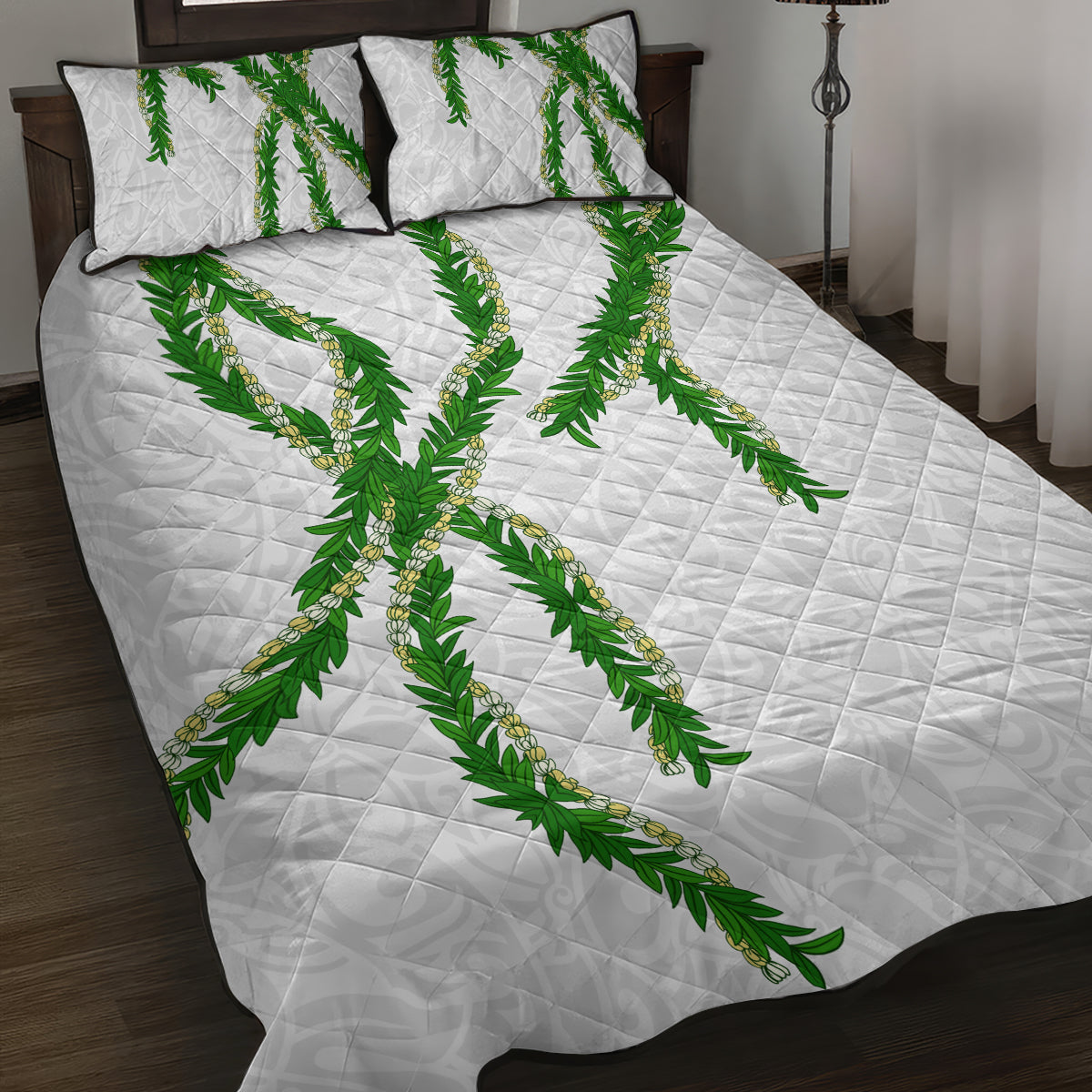 Hawaii Maile Lei Quilt Bed Set Aloha White Color