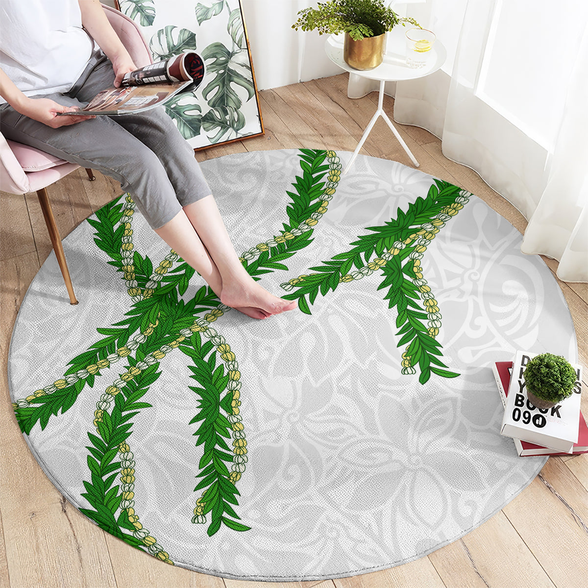 Hawaii Maile Lei Round Carpet Aloha White Color