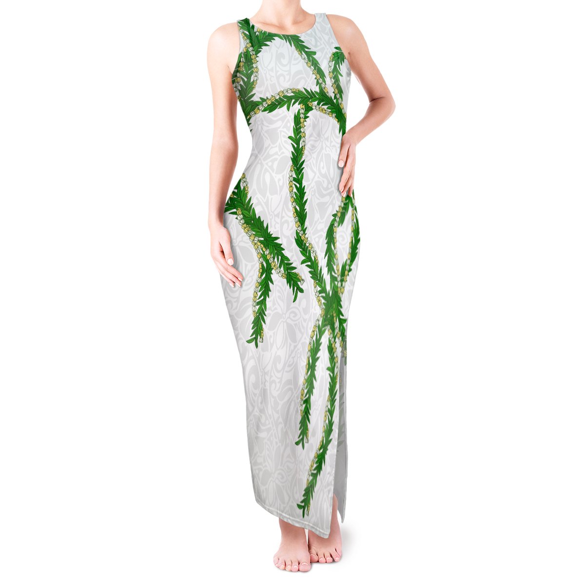 Hawaii Maile Lei Tank Maxi Dress Aloha White Color LT03 Women White - Polynesian Pride