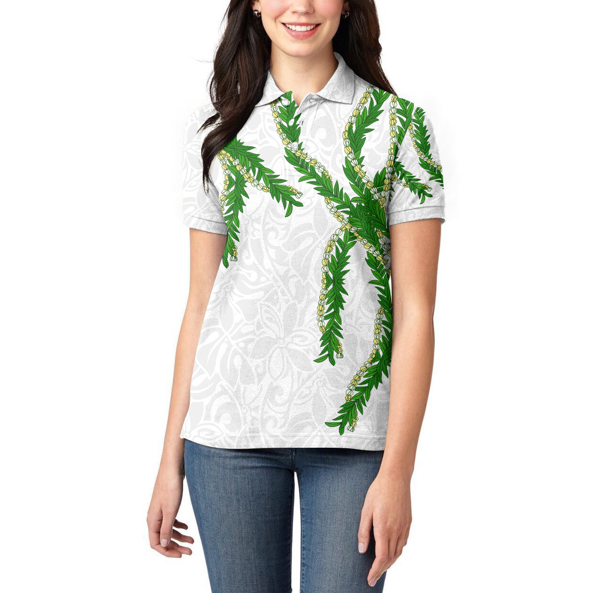 Hawaii Maile Lei Women Polo Shirt Aloha White Color