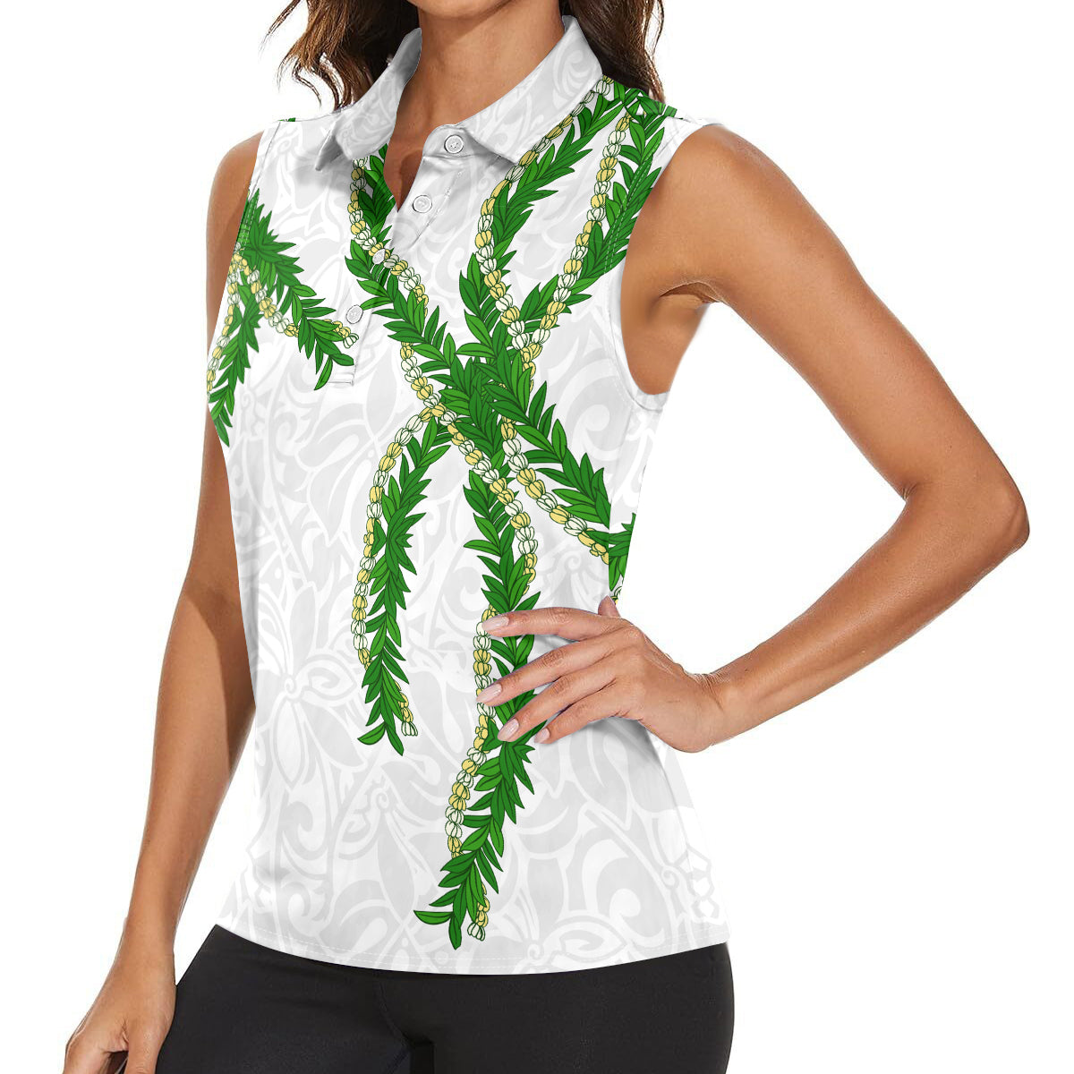 Hawaii Maile Lei Women Sleeveless Polo Shirt Aloha White Color