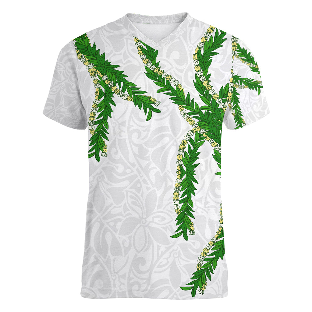 Hawaii Maile Lei Women V-Neck T-Shirt Aloha White Color
