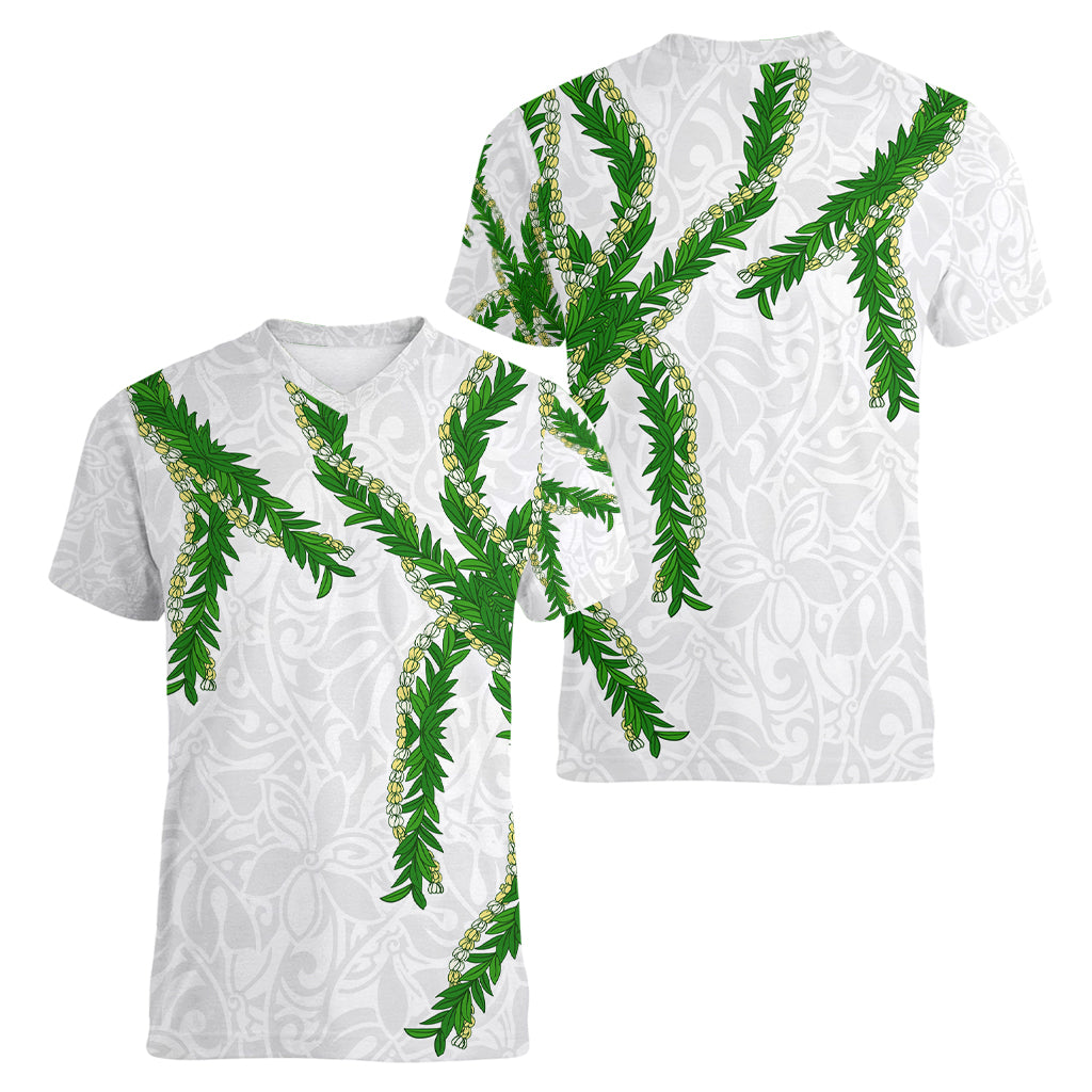Hawaii Maile Lei Women V-Neck T-Shirt Aloha White Color