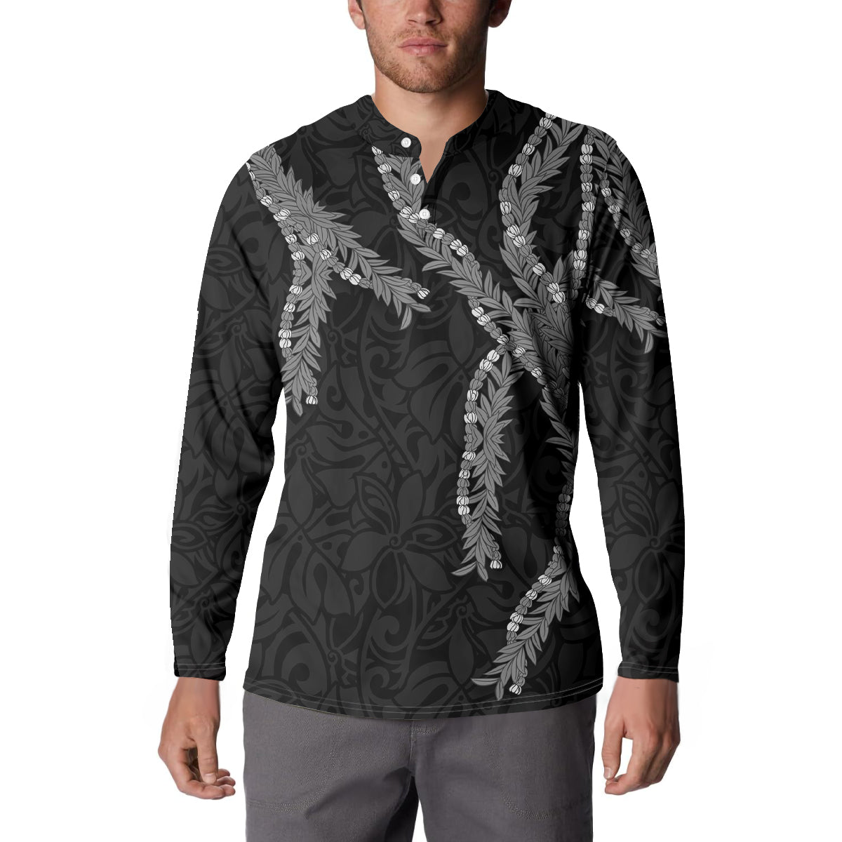 Hawaii Maile Lei Button Sweatshirt Aloha Grayscale Color LT03 - Polynesian Pride