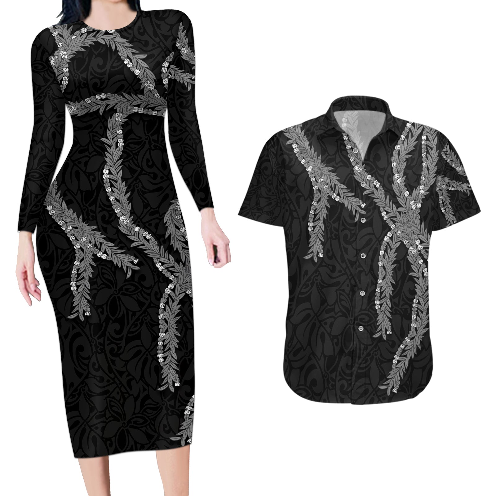 Hawaii Maile Lei Couples Matching Long Sleeve Bodycon Dress and Hawaiian Shirt Aloha Grayscale Color LT03 Grayscale - Polynesian Pride