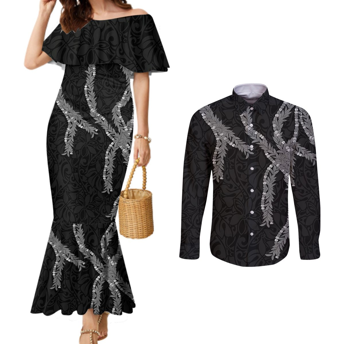 Hawaii Maile Lei Couples Matching Mermaid Dress and Long Sleeve Button Shirt Aloha Grayscale Color LT03 Grayscale - Polynesian Pride