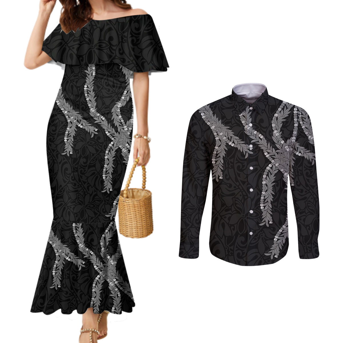 Hawaii Maile Lei Couples Matching Mermaid Dress and Long Sleeve Button Shirt Aloha Grayscale Color