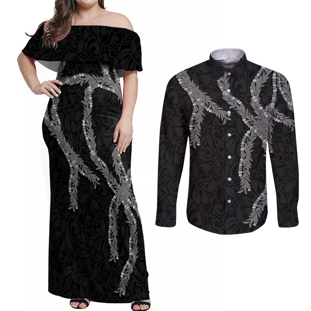 Hawaii Maile Lei Couples Matching Off Shoulder Maxi Dress and Long Sleeve Button Shirt Aloha Grayscale Color LT03 Grayscale - Polynesian Pride