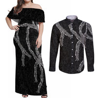 Hawaii Maile Lei Couples Matching Off Shoulder Maxi Dress and Long Sleeve Button Shirt Aloha Grayscale Color LT03 Grayscale - Polynesian Pride