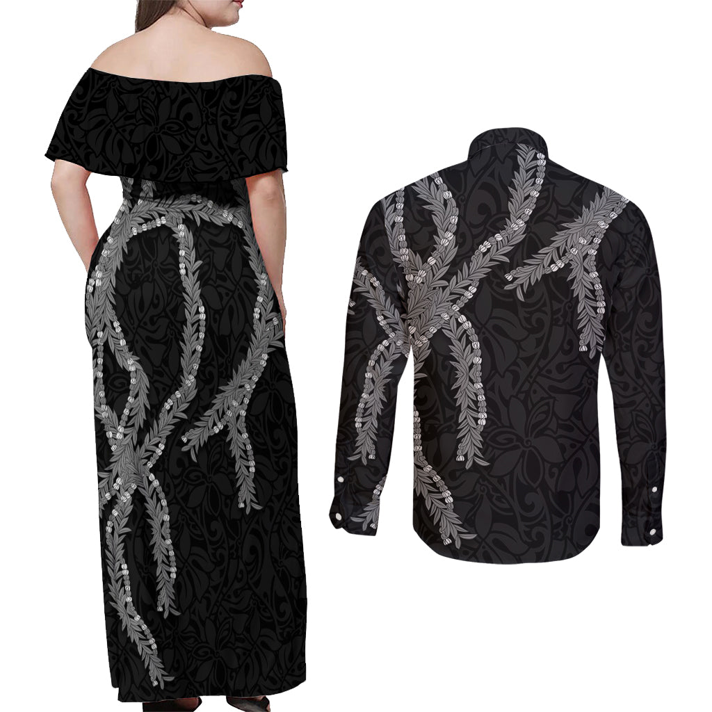 Hawaii Maile Lei Couples Matching Off Shoulder Maxi Dress and Long Sleeve Button Shirt Aloha Grayscale Color LT03 - Polynesian Pride