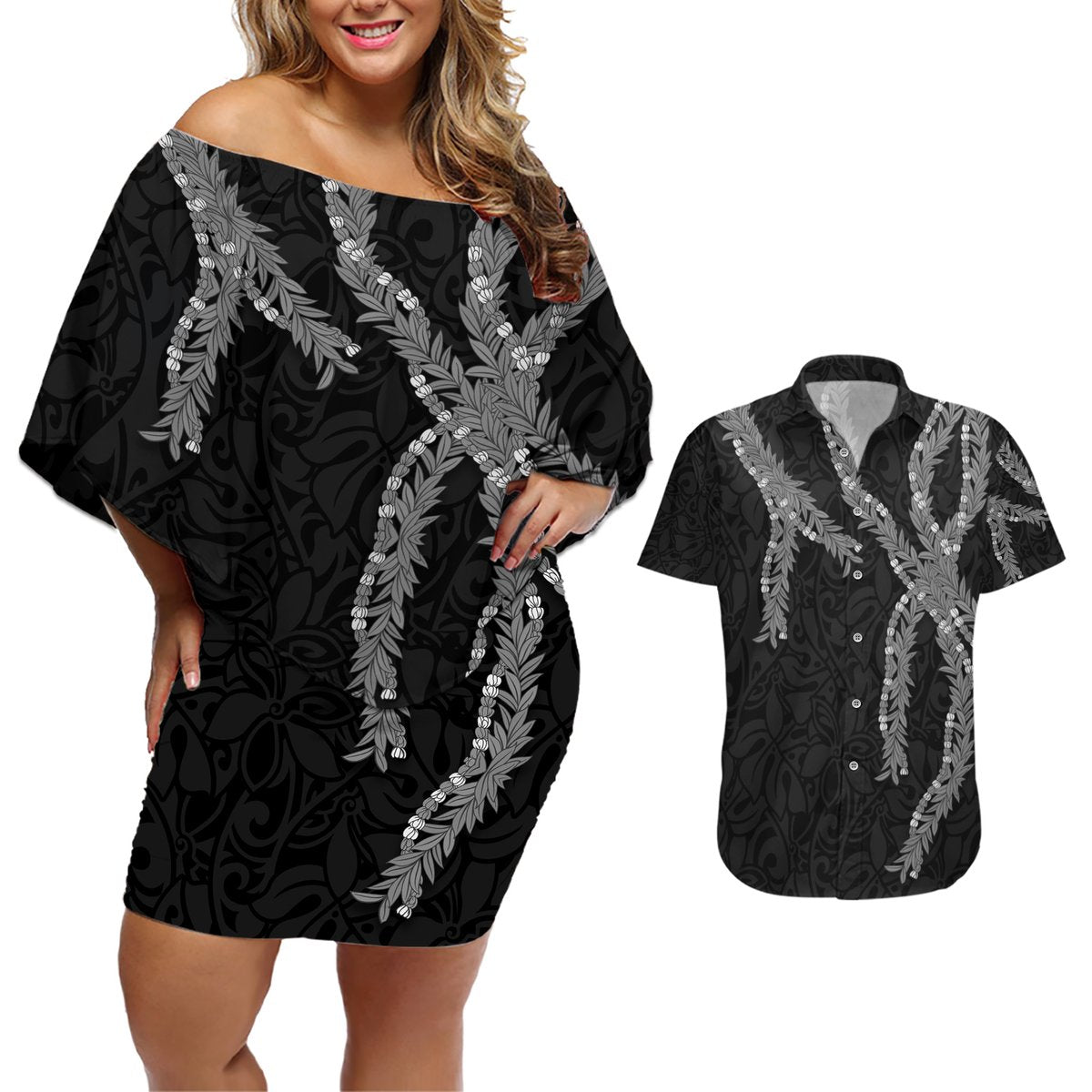 Hawaii Maile Lei Couples Matching Off Shoulder Short Dress and Hawaiian Shirt Aloha Grayscale Color LT03 Grayscale - Polynesian Pride