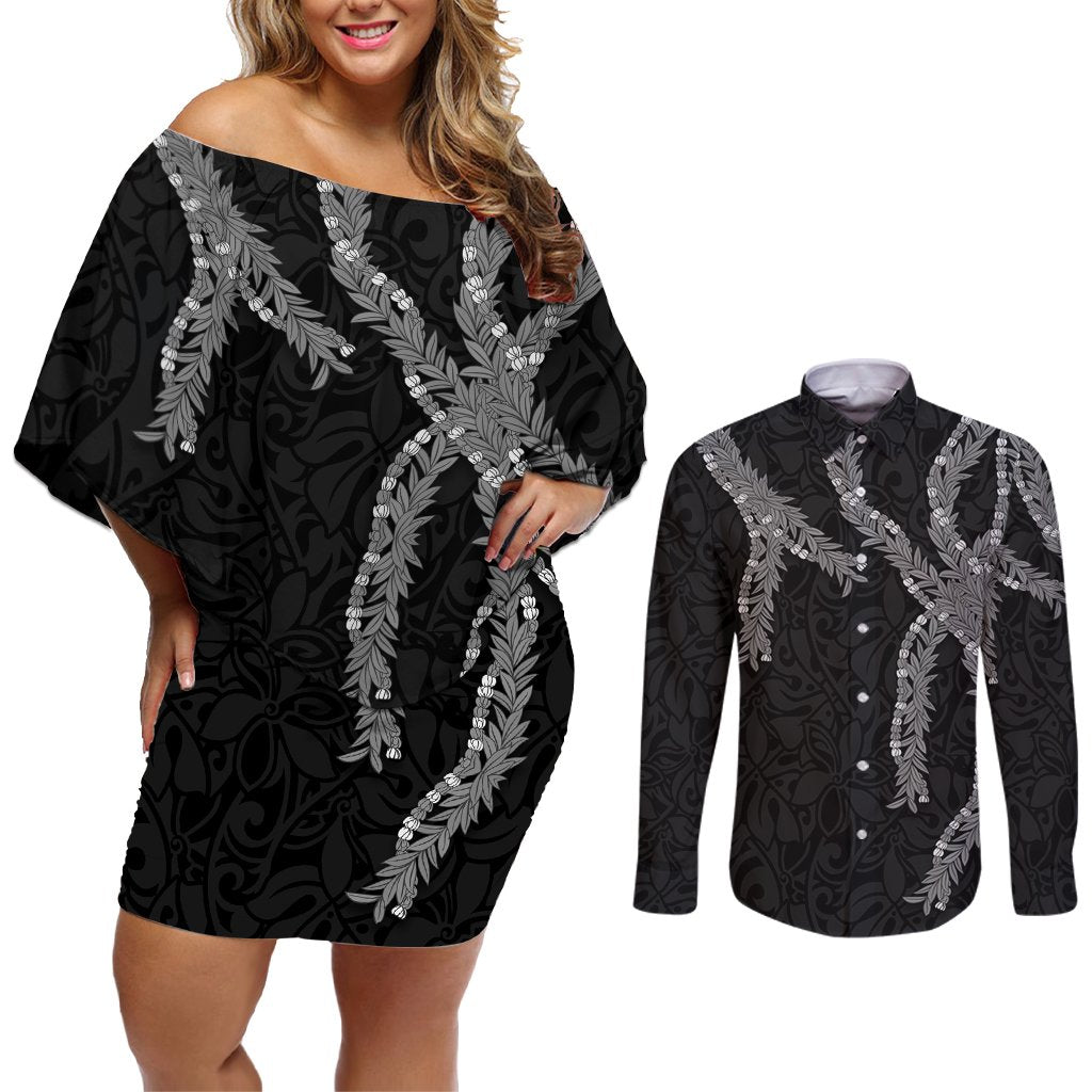Hawaii Maile Lei Couples Matching Off Shoulder Short Dress and Long Sleeve Button Shirt Aloha Grayscale Color LT03 Grayscale - Polynesian Pride
