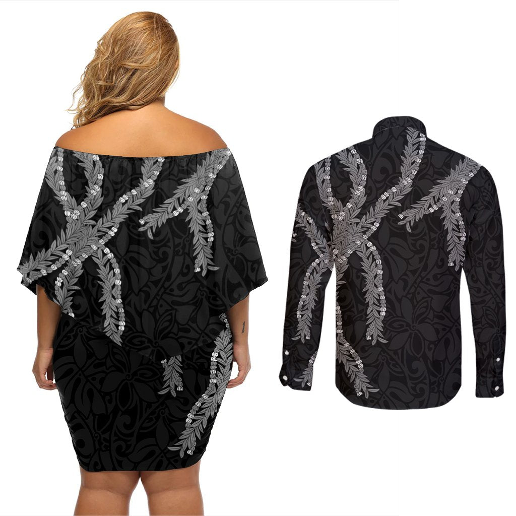 Hawaii Maile Lei Couples Matching Off Shoulder Short Dress and Long Sleeve Button Shirt Aloha Grayscale Color LT03 - Polynesian Pride