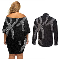 Hawaii Maile Lei Couples Matching Off Shoulder Short Dress and Long Sleeve Button Shirt Aloha Grayscale Color LT03 - Polynesian Pride