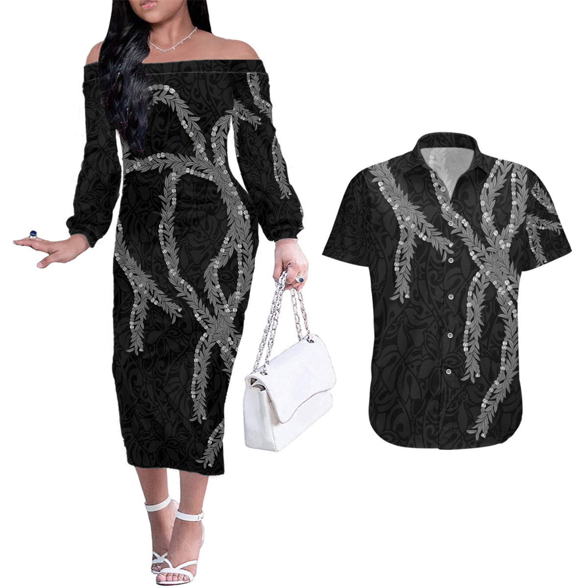 Hawaii Maile Lei Couples Matching Off The Shoulder Long Sleeve Dress and Hawaiian Shirt Aloha Grayscale Color