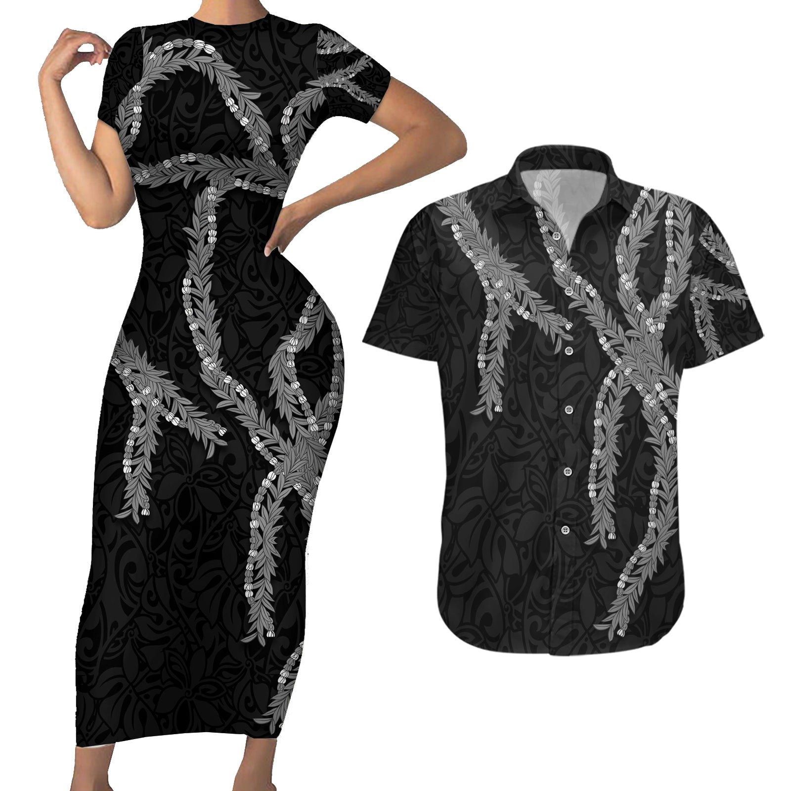 Hawaii Maile Lei Couples Matching Short Sleeve Bodycon Dress and Hawaiian Shirt Aloha Grayscale Color LT03 Grayscale - Polynesian Pride
