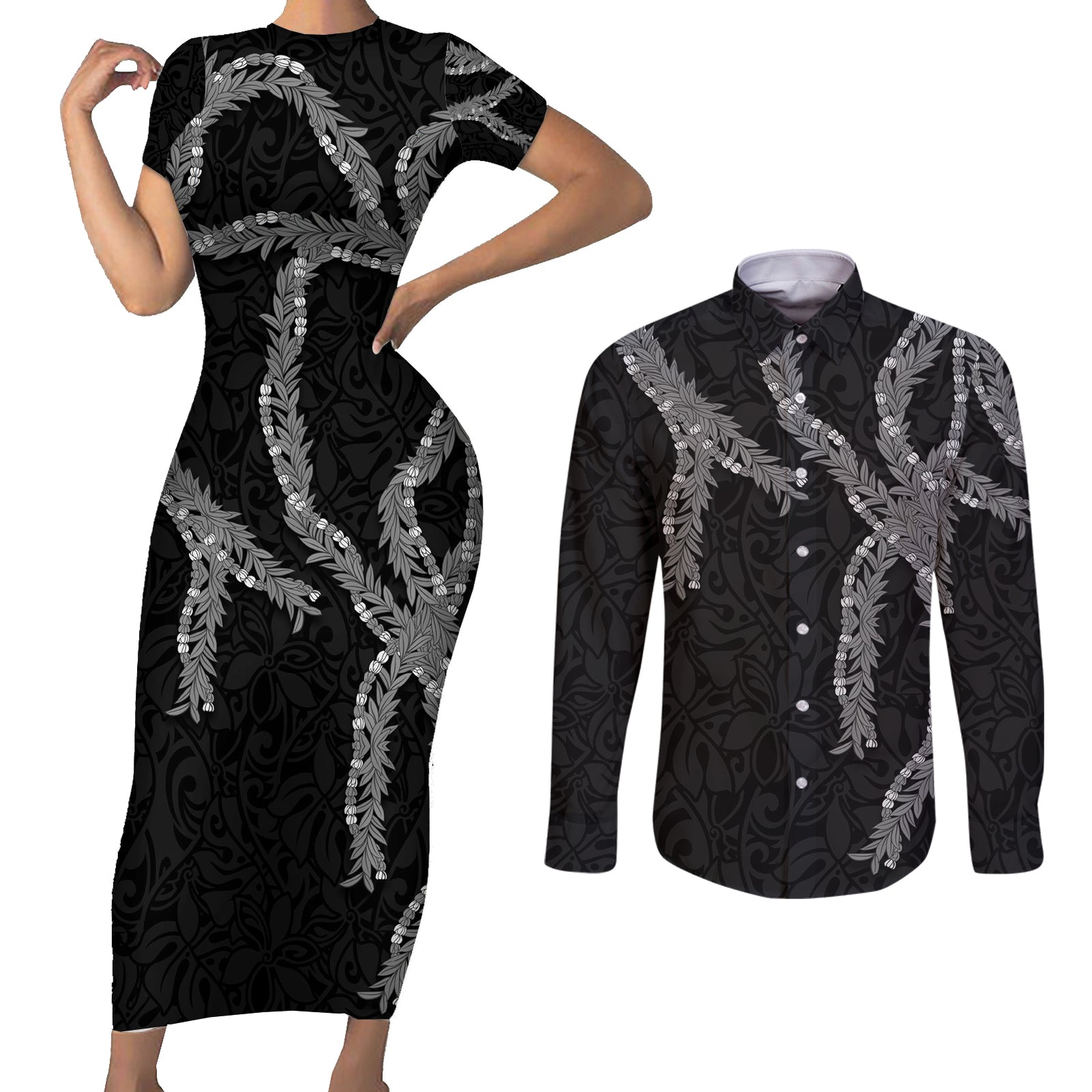 Hawaii Maile Lei Couples Matching Short Sleeve Bodycon Dress and Long Sleeve Button Shirt Aloha Grayscale Color LT03 Grayscale - Polynesian Pride