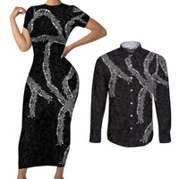 Hawaii Maile Lei Couples Matching Short Sleeve Bodycon Dress and Long Sleeve Button Shirt Aloha Grayscale Color LT03 Grayscale - Polynesian Pride
