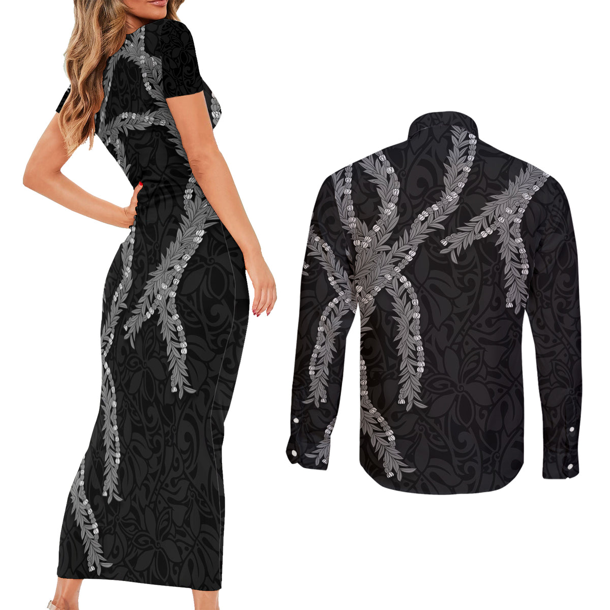 Hawaii Maile Lei Couples Matching Short Sleeve Bodycon Dress and Long Sleeve Button Shirt Aloha Grayscale Color LT03 - Polynesian Pride