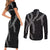 Hawaii Maile Lei Couples Matching Short Sleeve Bodycon Dress and Long Sleeve Button Shirt Aloha Grayscale Color