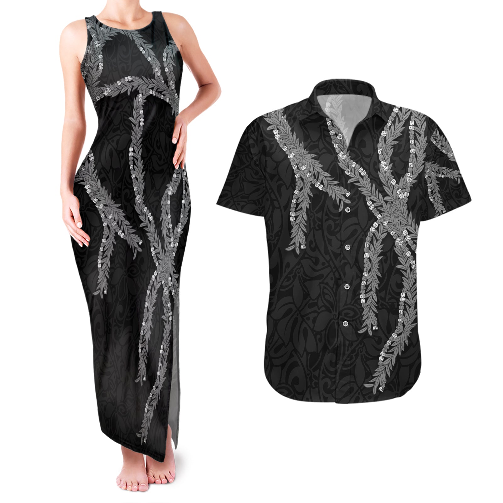 Hawaii Maile Lei Couples Matching Tank Maxi Dress and Hawaiian Shirt Aloha Grayscale Color LT03 Grayscale - Polynesian Pride