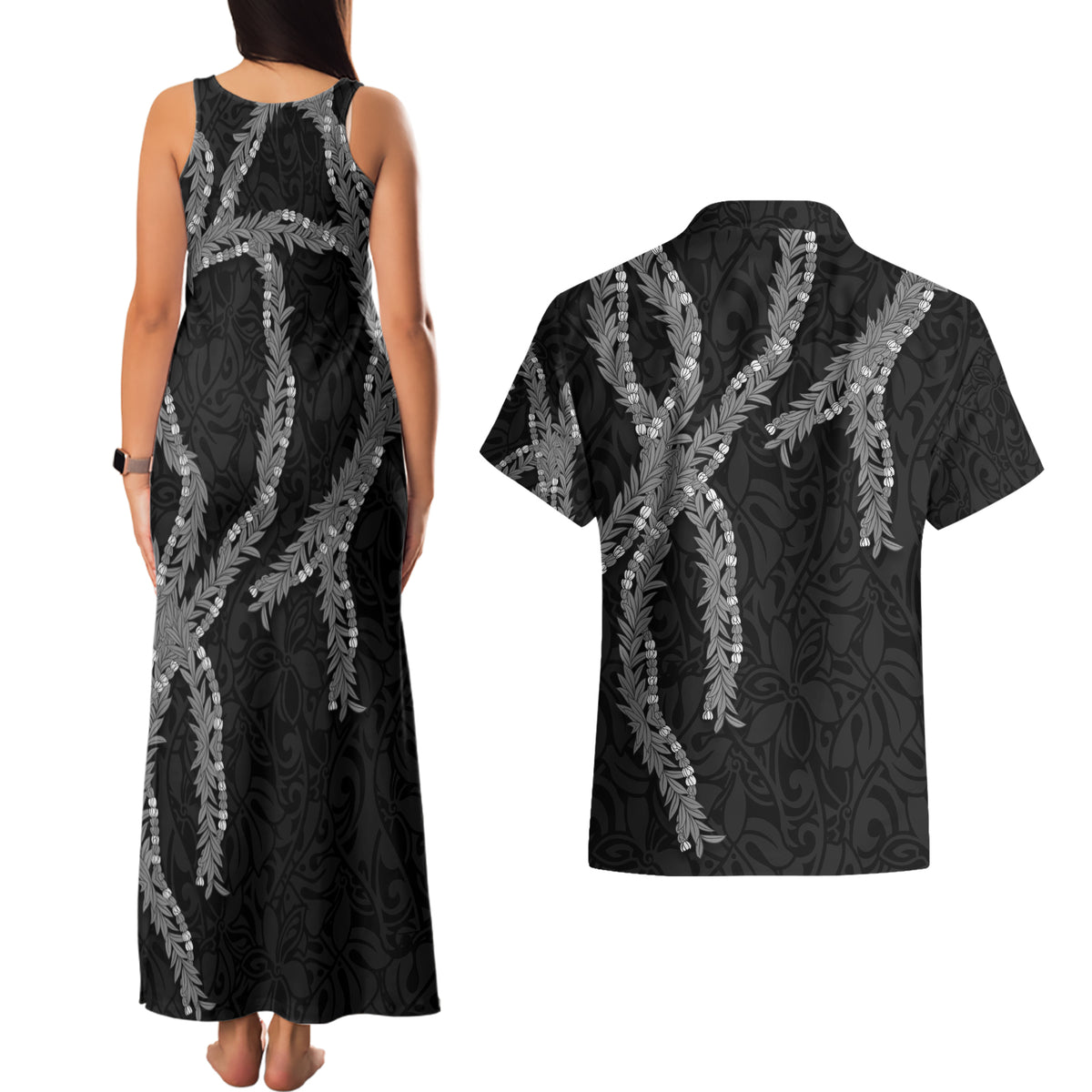 Hawaii Maile Lei Couples Matching Tank Maxi Dress and Hawaiian Shirt Aloha Grayscale Color