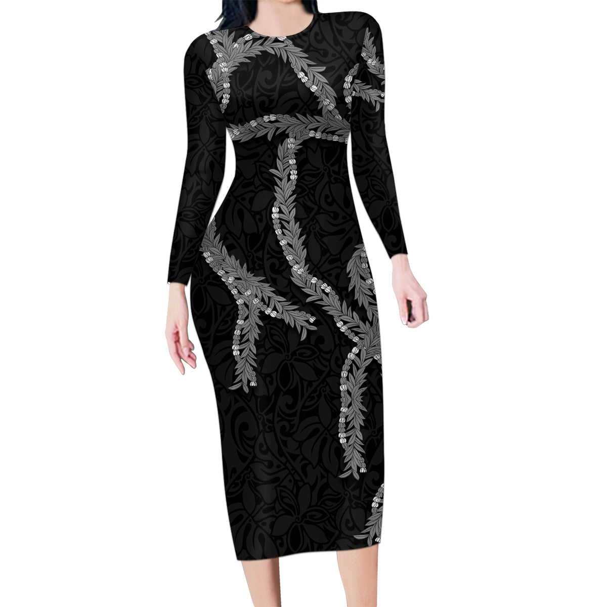 Hawaii Maile Lei Family Matching Long Sleeve Bodycon Dress and Hawaiian Shirt Aloha Grayscale Color LT03 Mom's Dress Grayscale - Polynesian Pride
