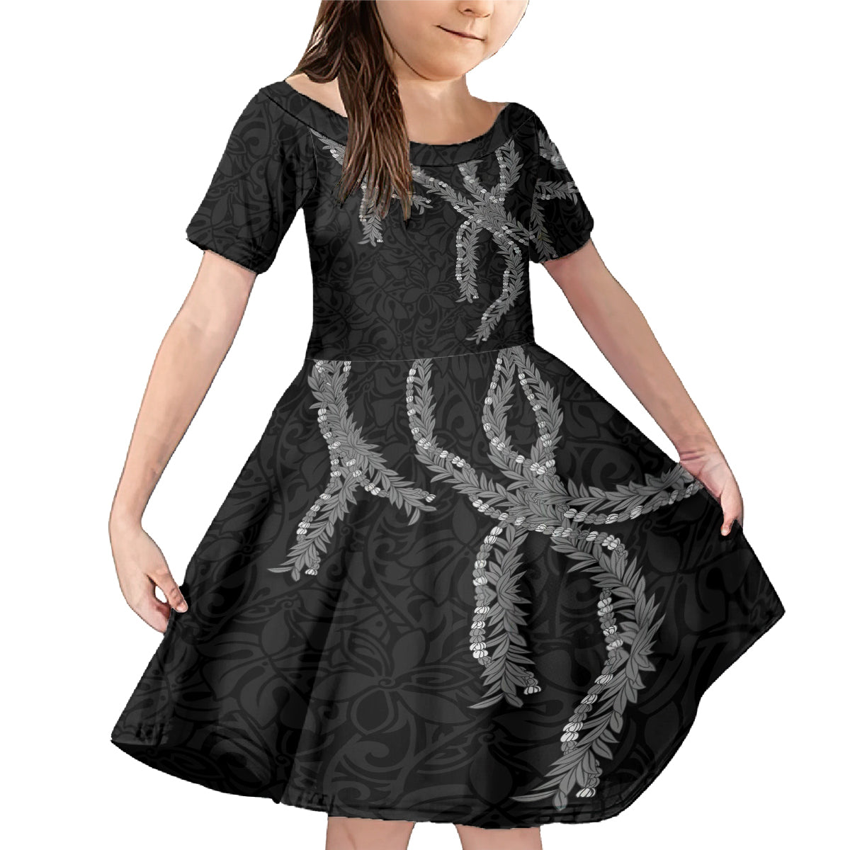 Hawaii Maile Lei Family Matching Mermaid Dress and Hawaiian Shirt Aloha Grayscale Color