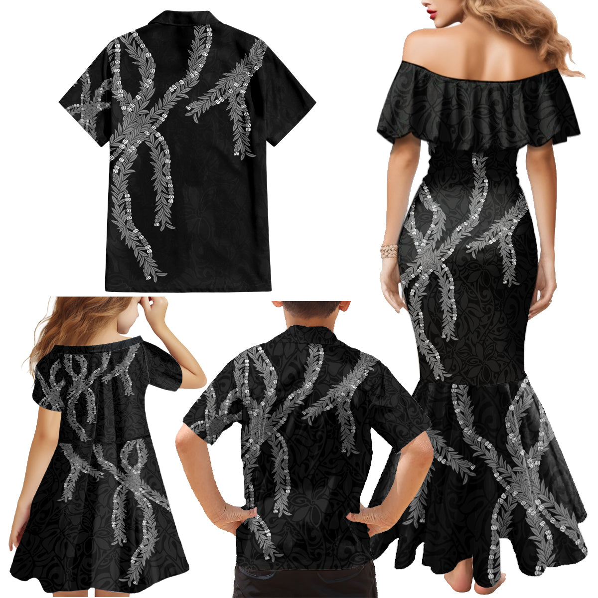 Hawaii Maile Lei Family Matching Mermaid Dress and Hawaiian Shirt Aloha Grayscale Color
