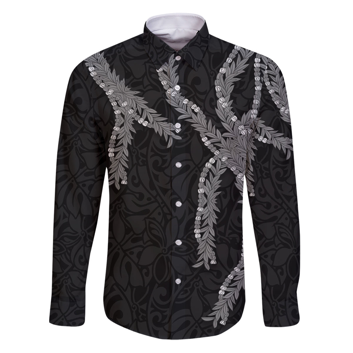Hawaii Maile Lei Family Matching Puletasi and Hawaiian Shirt Aloha Grayscale Color LT03 Dad's Shirt - Long Sleeve Grayscale - Polynesian Pride