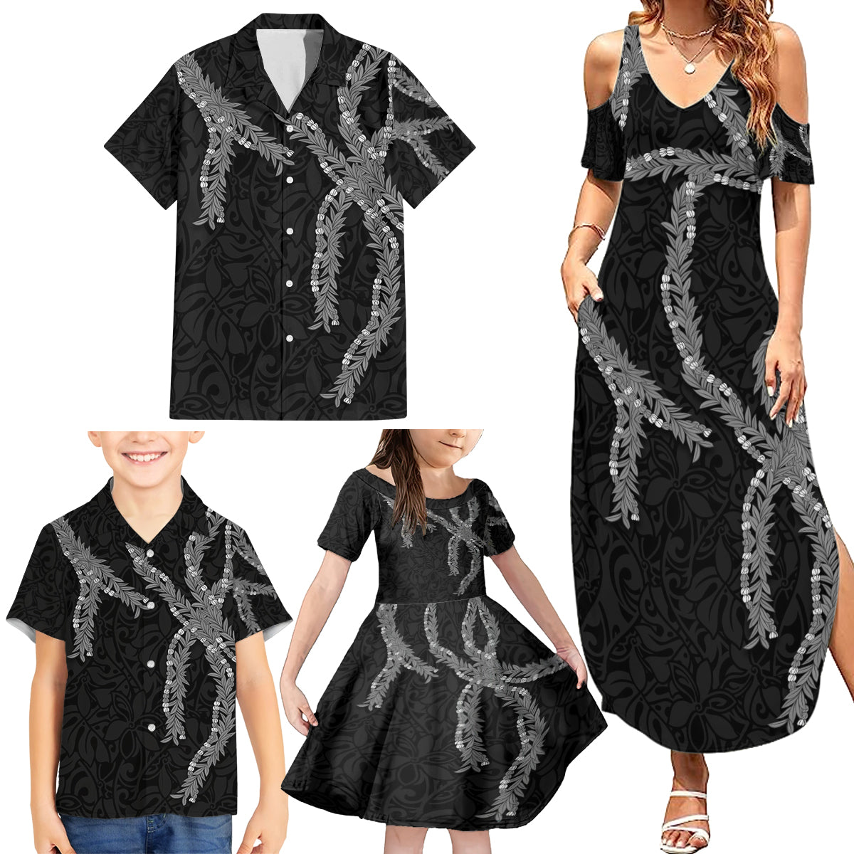 Hawaii Maile Lei Family Matching Summer Maxi Dress and Hawaiian Shirt Aloha Grayscale Color LT03 - Polynesian Pride