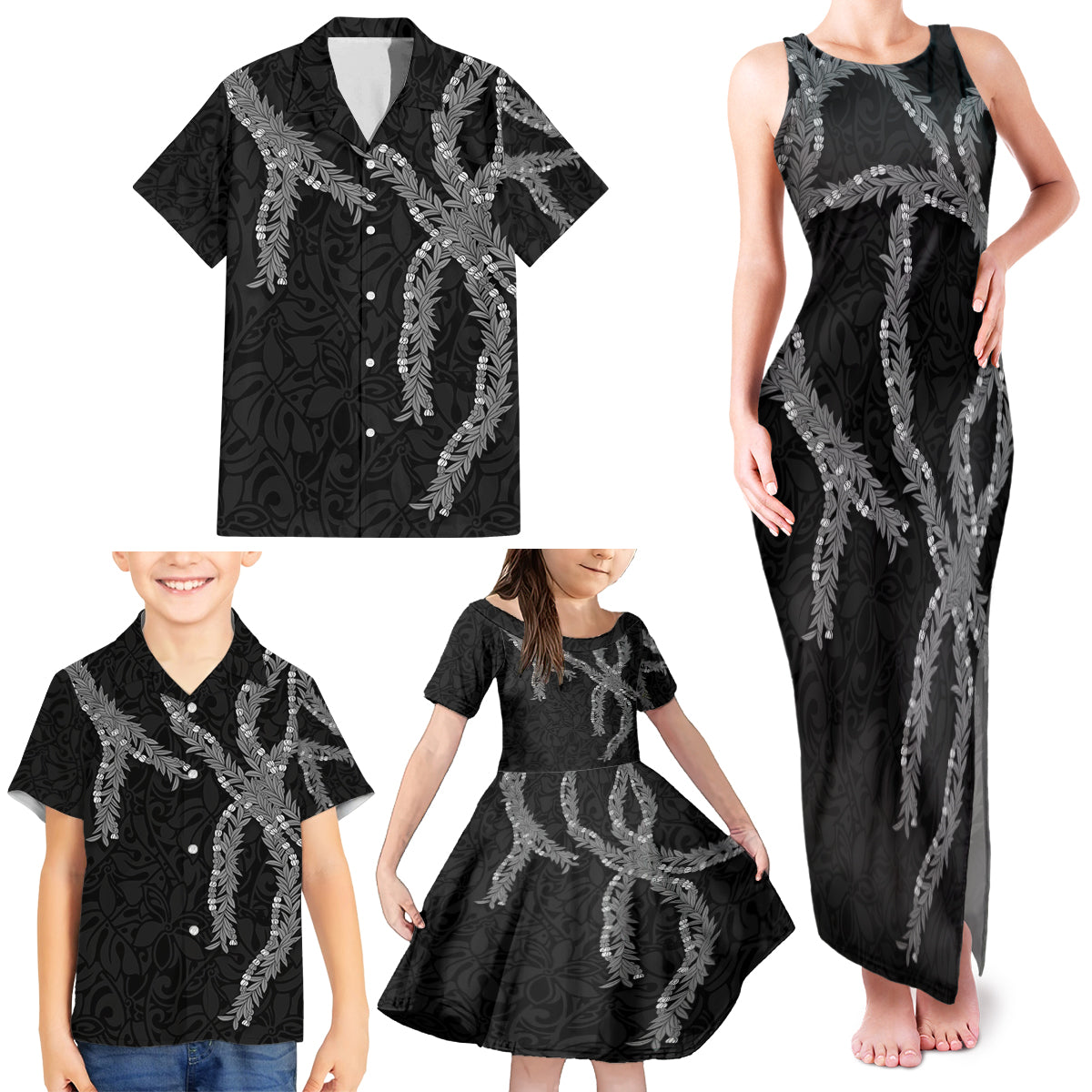 Hawaii Maile Lei Family Matching Tank Maxi Dress and Hawaiian Shirt Aloha Grayscale Color LT03 - Polynesian Pride