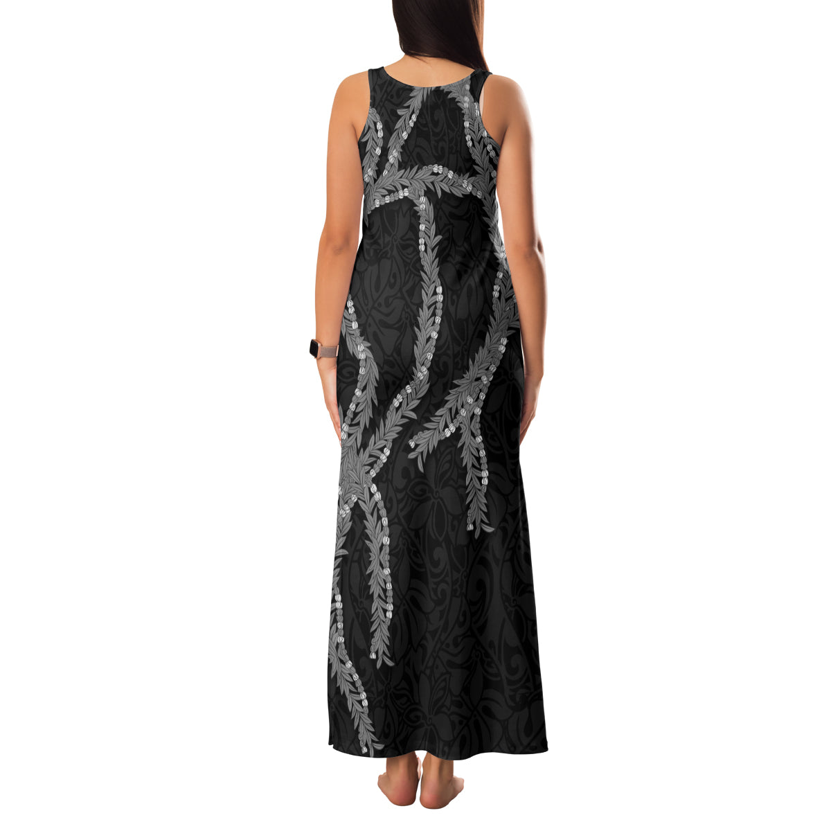 Hawaii Maile Lei Family Matching Tank Maxi Dress and Hawaiian Shirt Aloha Grayscale Color