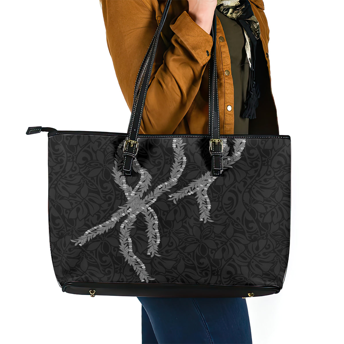 Hawaii Maile Lei Leather Tote Bag Aloha Grayscale Color LT03 - Polynesian Pride