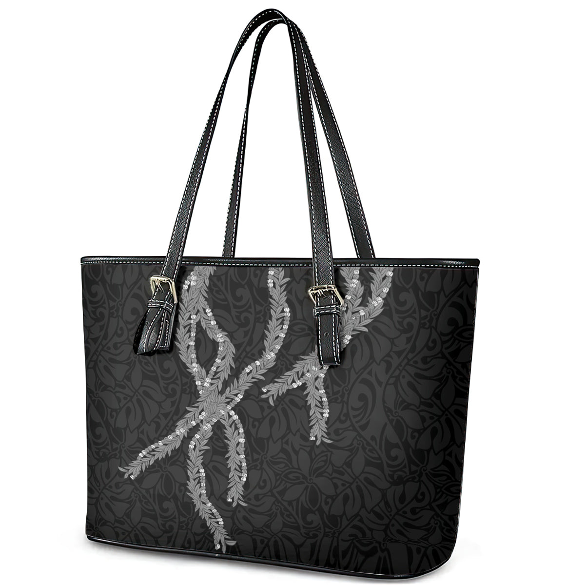 Hawaii Maile Lei Leather Tote Bag Aloha Grayscale Color LT03 - Polynesian Pride