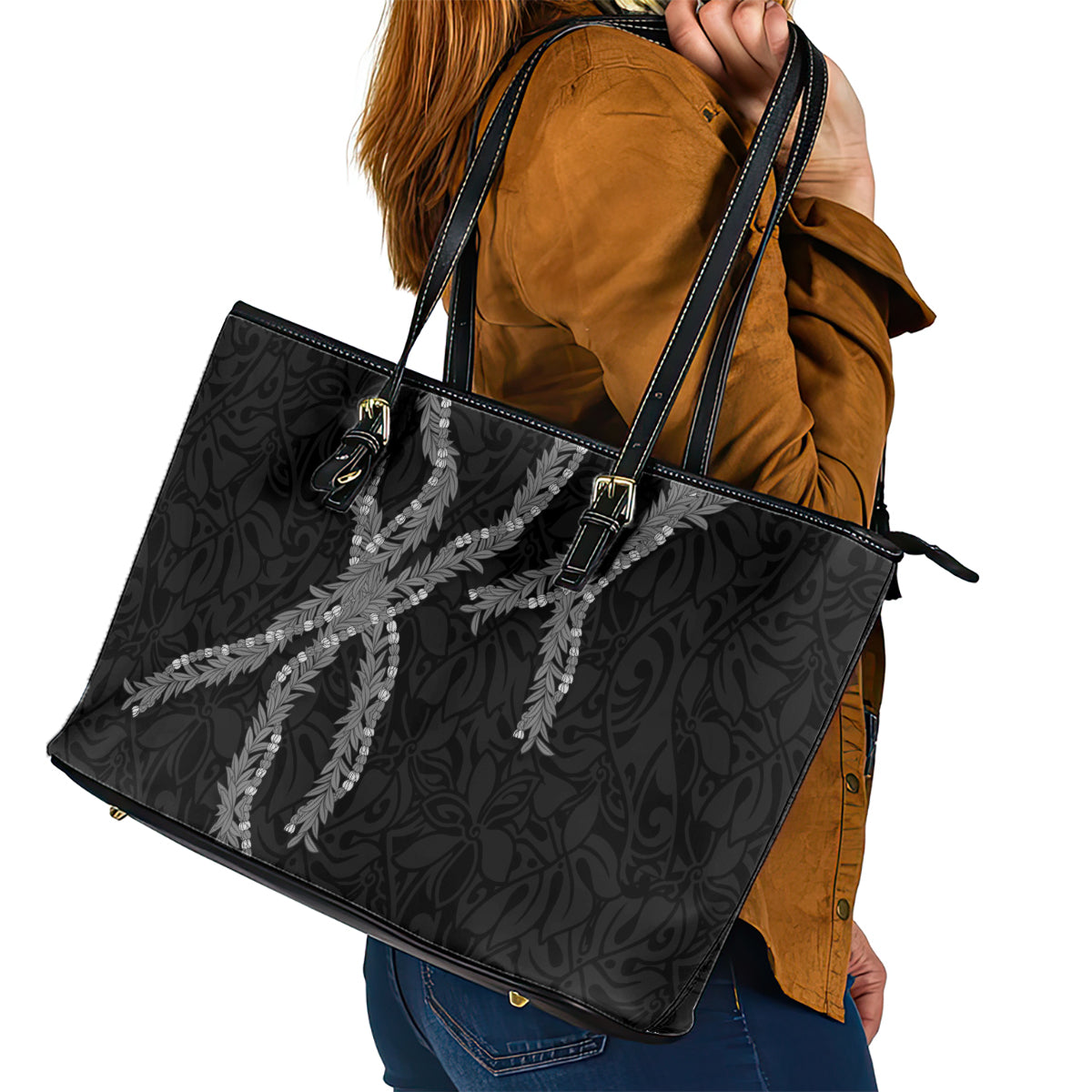 Hawaii Maile Lei Leather Tote Bag Aloha Grayscale Color LT03 - Polynesian Pride