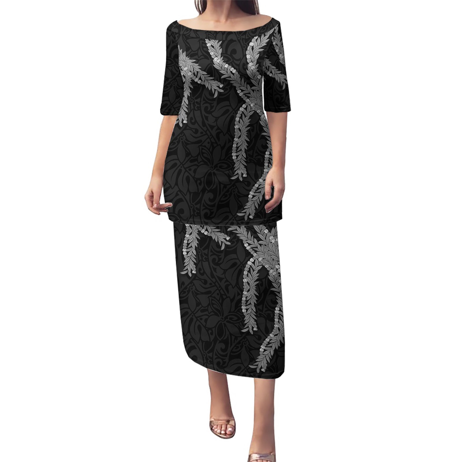 Hawaii Maile Lei Puletasi Aloha Grayscale Color LT03 Long Dress Grayscale - Polynesian Pride