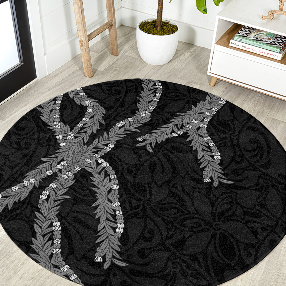 Hawaii Maile Lei Round Carpet Aloha Grayscale Color