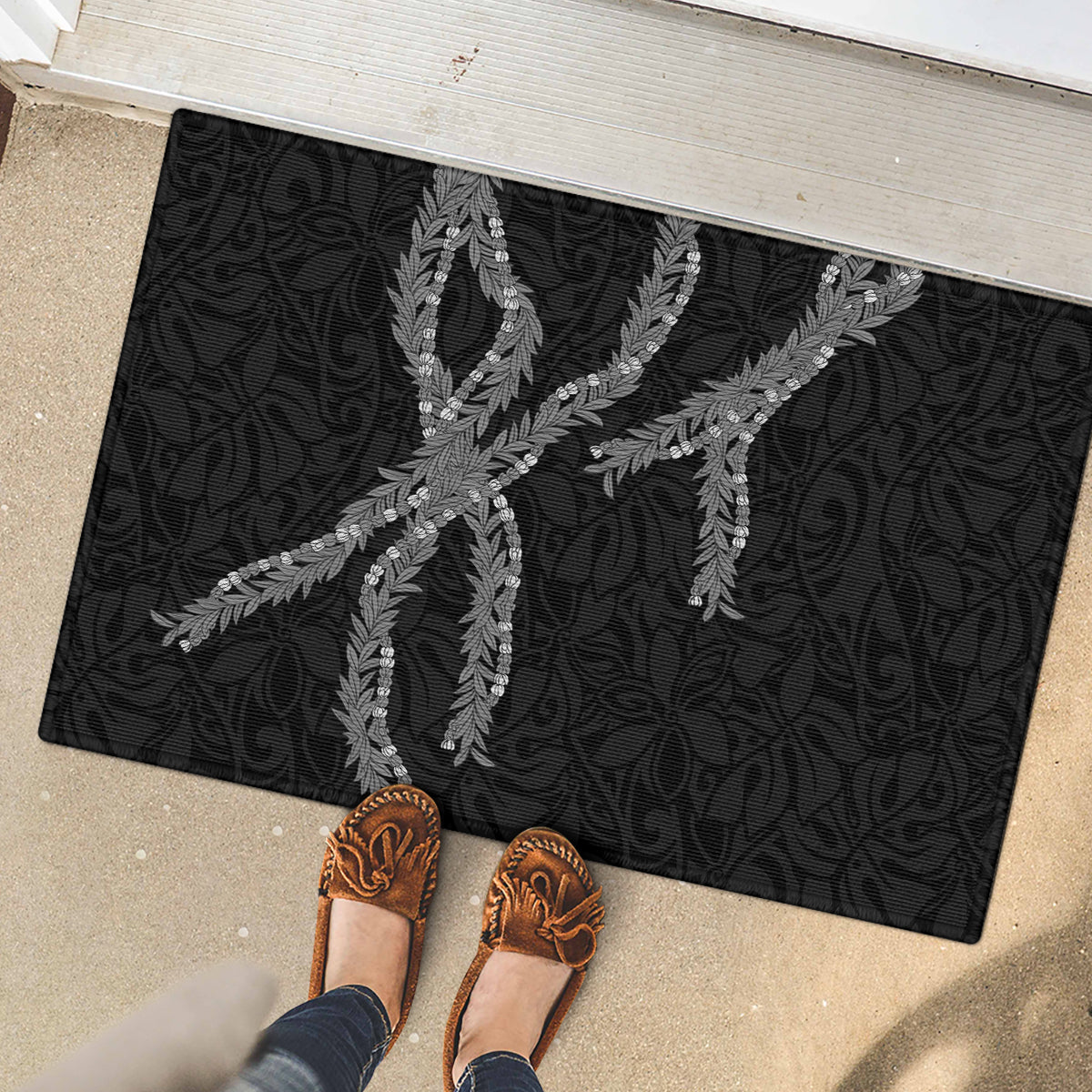 Hawaii Maile Lei Rubber Doormat Aloha Grayscale Color LT03 - Polynesian Pride