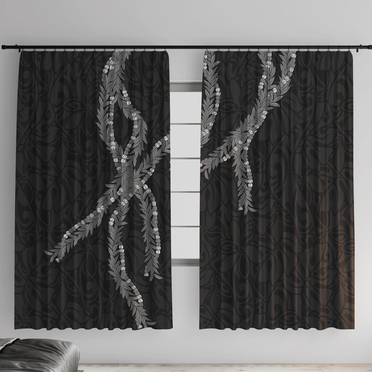 Hawaii Maile Lei Window Curtain Aloha Grayscale Color LT03 With Hooks Grayscale - Polynesian Pride