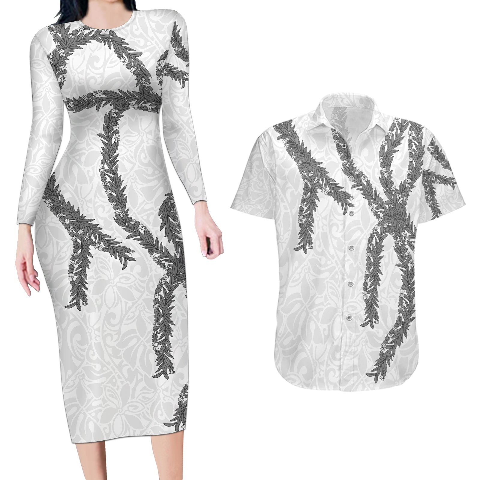 Hawaii Maile Lei Couples Matching Long Sleeve Bodycon Dress and Hawaiian Shirt Aloha The Grey Color LT03 Grey - Polynesian Pride