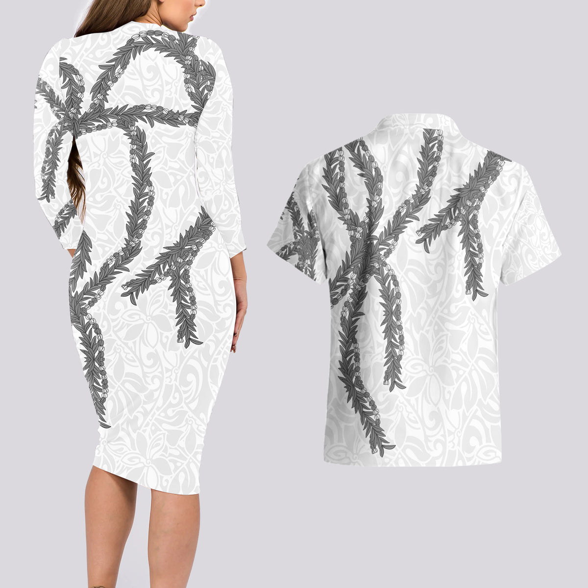 Hawaii Maile Lei Couples Matching Long Sleeve Bodycon Dress and Hawaiian Shirt Aloha The Grey Color LT03 - Polynesian Pride
