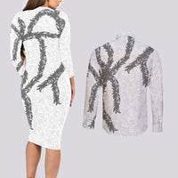 Hawaii Maile Lei Couples Matching Long Sleeve Bodycon Dress and Long Sleeve Button Shirt Aloha The Grey Color LT03 - Polynesian Pride