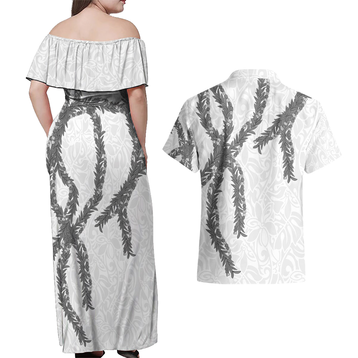 Hawaii Maile Lei Couples Matching Off Shoulder Maxi Dress and Hawaiian Shirt Aloha The Grey Color