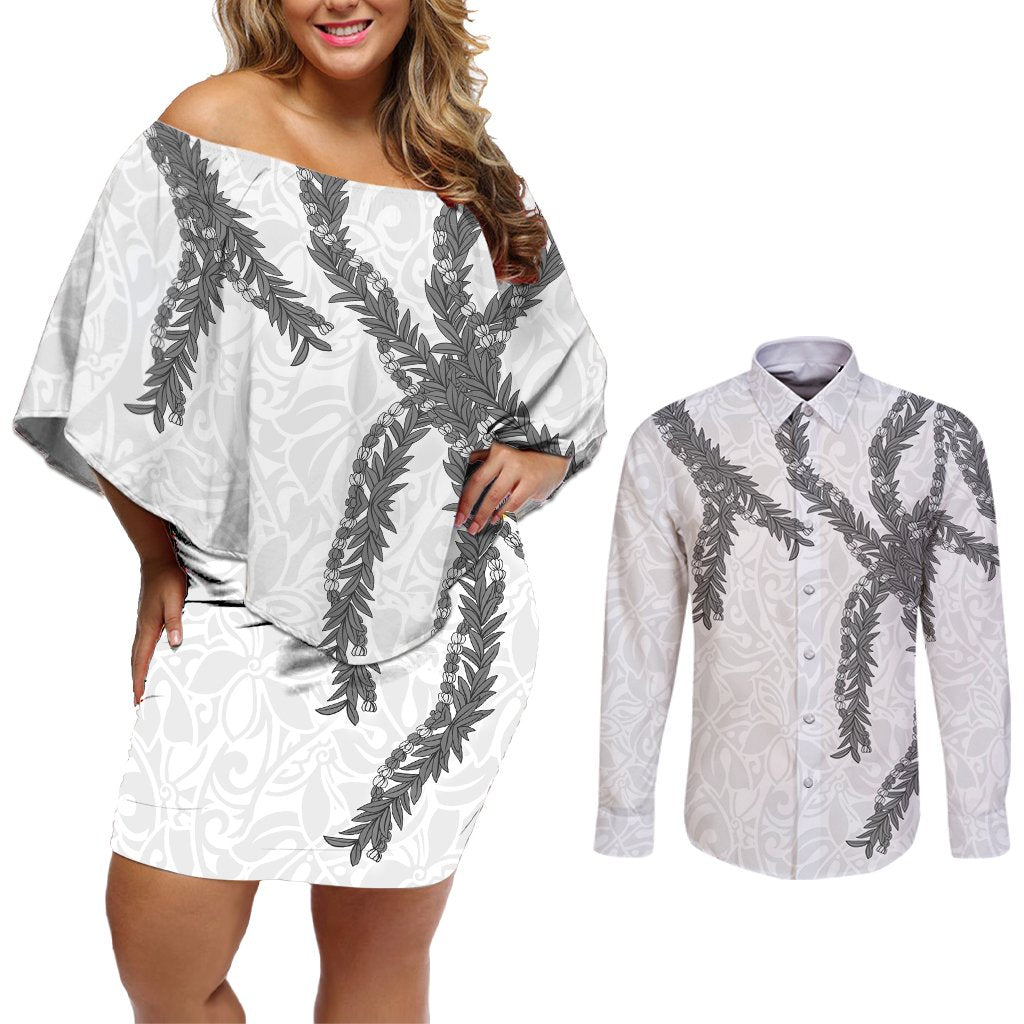 Hawaii Maile Lei Couples Matching Off Shoulder Short Dress and Long Sleeve Button Shirt Aloha The Grey Color LT03 Grey - Polynesian Pride