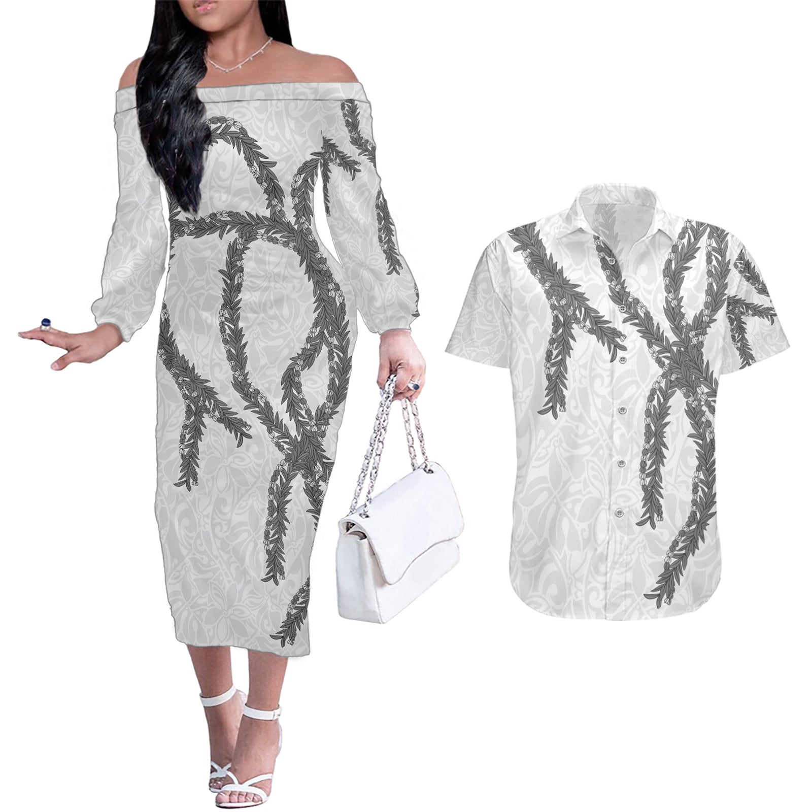 Hawaii Maile Lei Couples Matching Off The Shoulder Long Sleeve Dress and Hawaiian Shirt Aloha The Grey Color LT03 Grey - Polynesian Pride